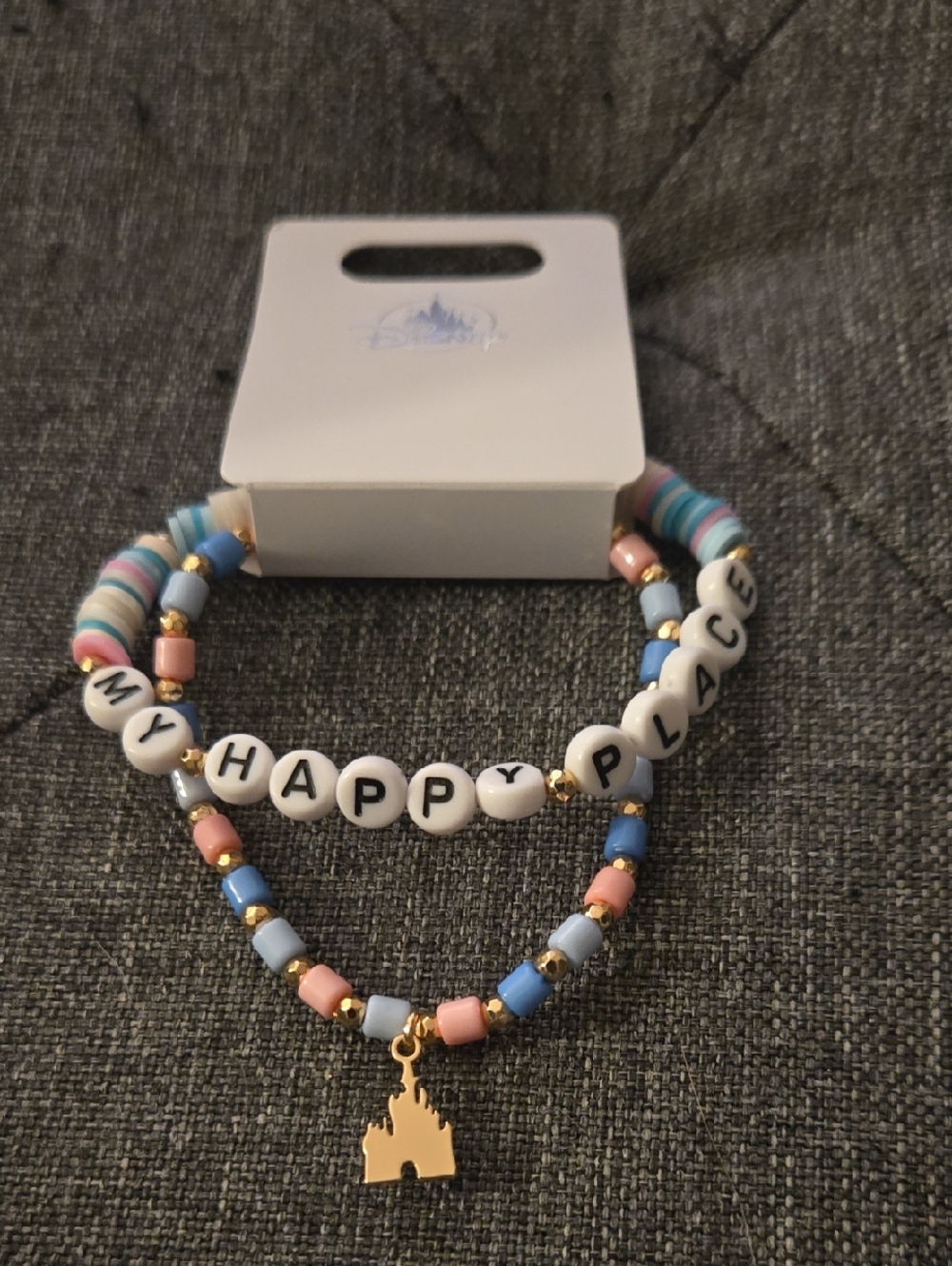Disney Beaded Bracelet Set - Pastel Blue, Pink & White with Gold Castle Charm